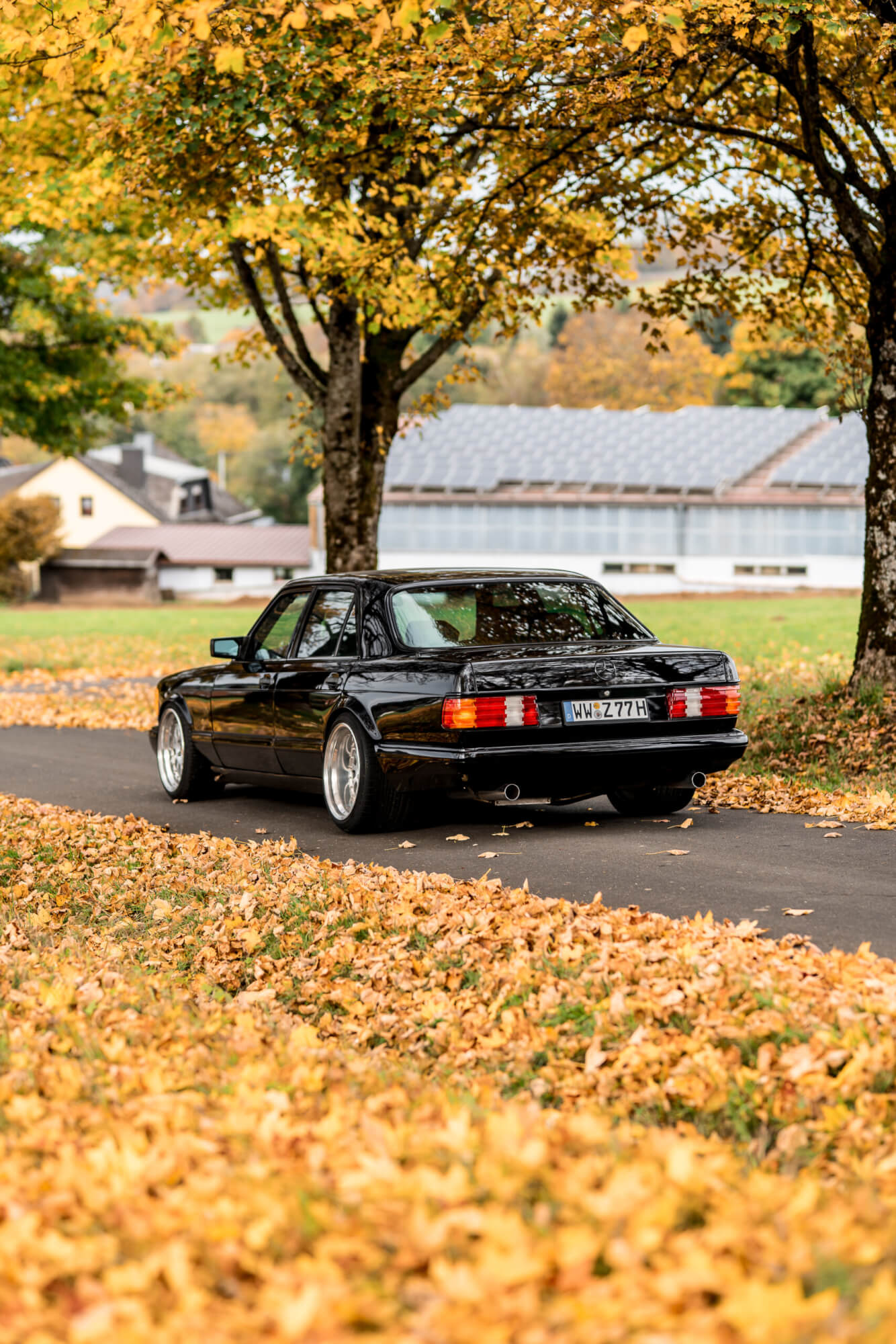 Der schwarze Mercedes-Benz W126 von Inden Design von hinten unter herbstlichen Bäumen